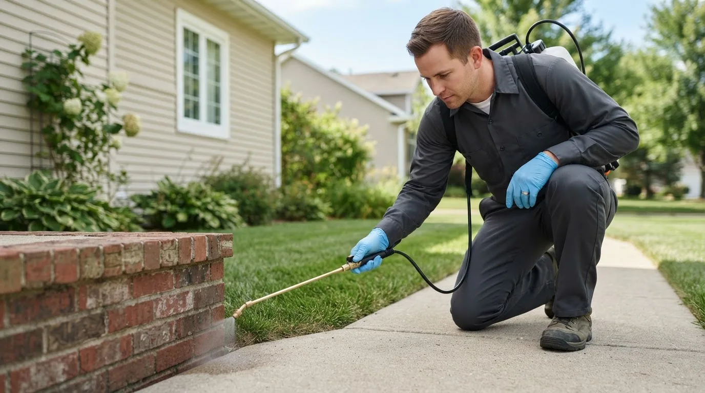 Pest control technician treating a home near Mellott, IN